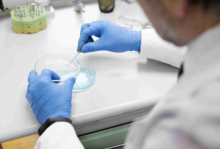 Scientist pipetting a sample into a petri dish